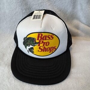 Vintage Bass Pro Shops Hat Cap Snap Back Black White Trucker Patch Mens 90s‎